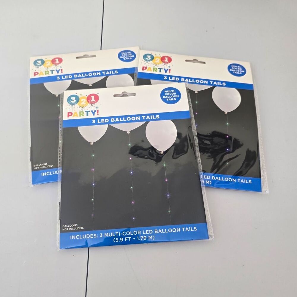 (B8) 321 Party! LED Balloon Tails, 3pc Multicolor Light Up Decorative 5.9 ft